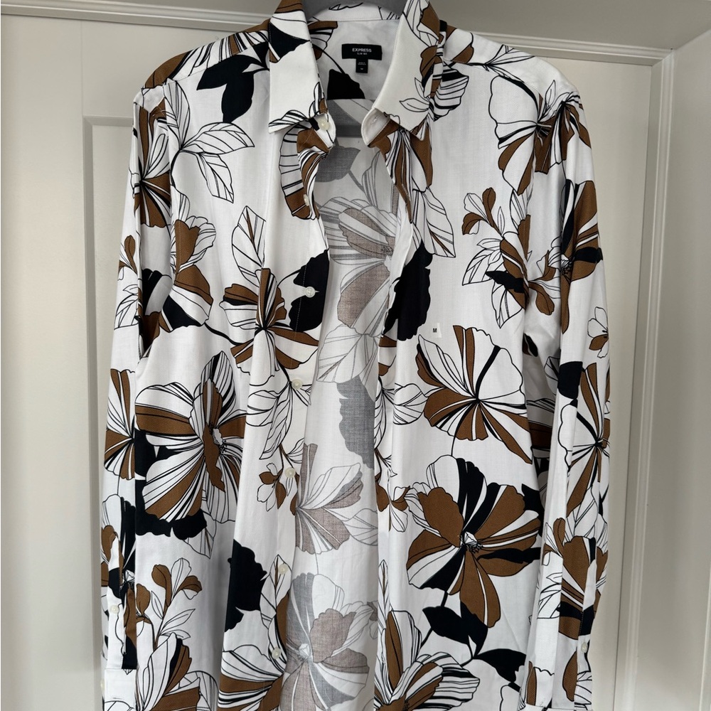 Express Men's Floral Button-Down 1MX Slim Fit Dress Shirt - Black, Brown, White